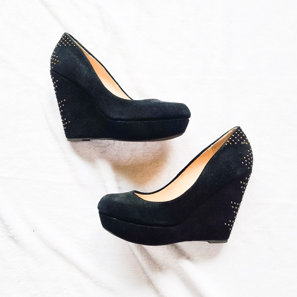 Black Suede Embellished Platform Wedges